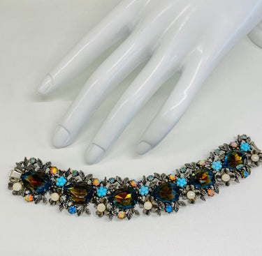 Blue Glass Pear and AB Rhinestone Flower Bracelet Jewelry Bloomers and Frocks